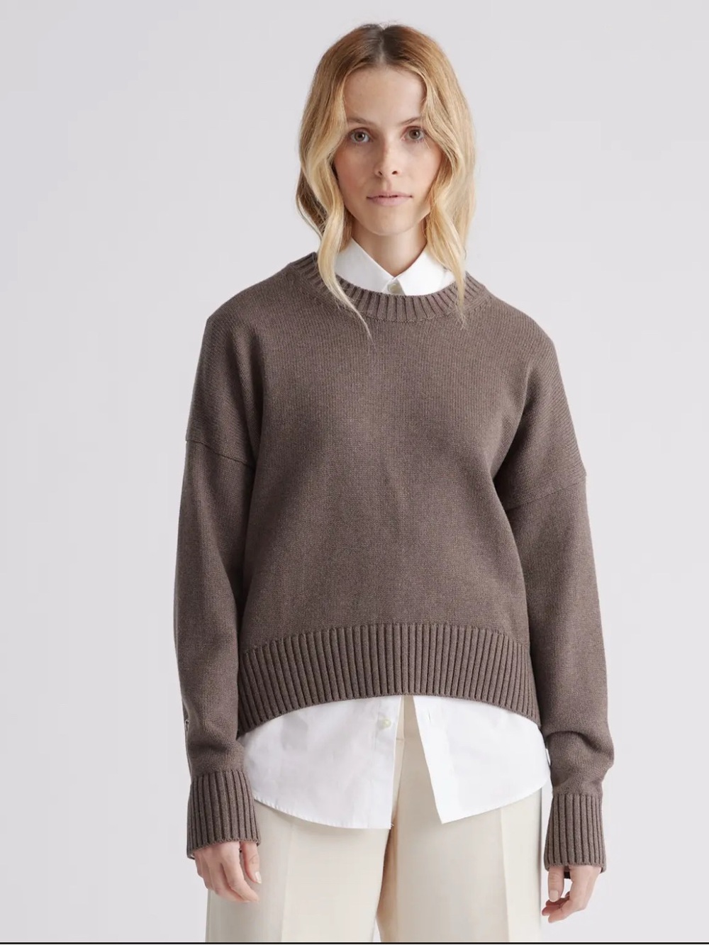 Quince 100% Organic Cotton Boyfriend Crew Sweater heather brown size Small.